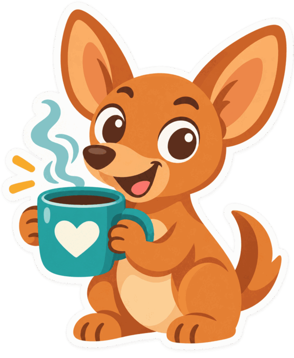 La mascota de Flowfy con un café